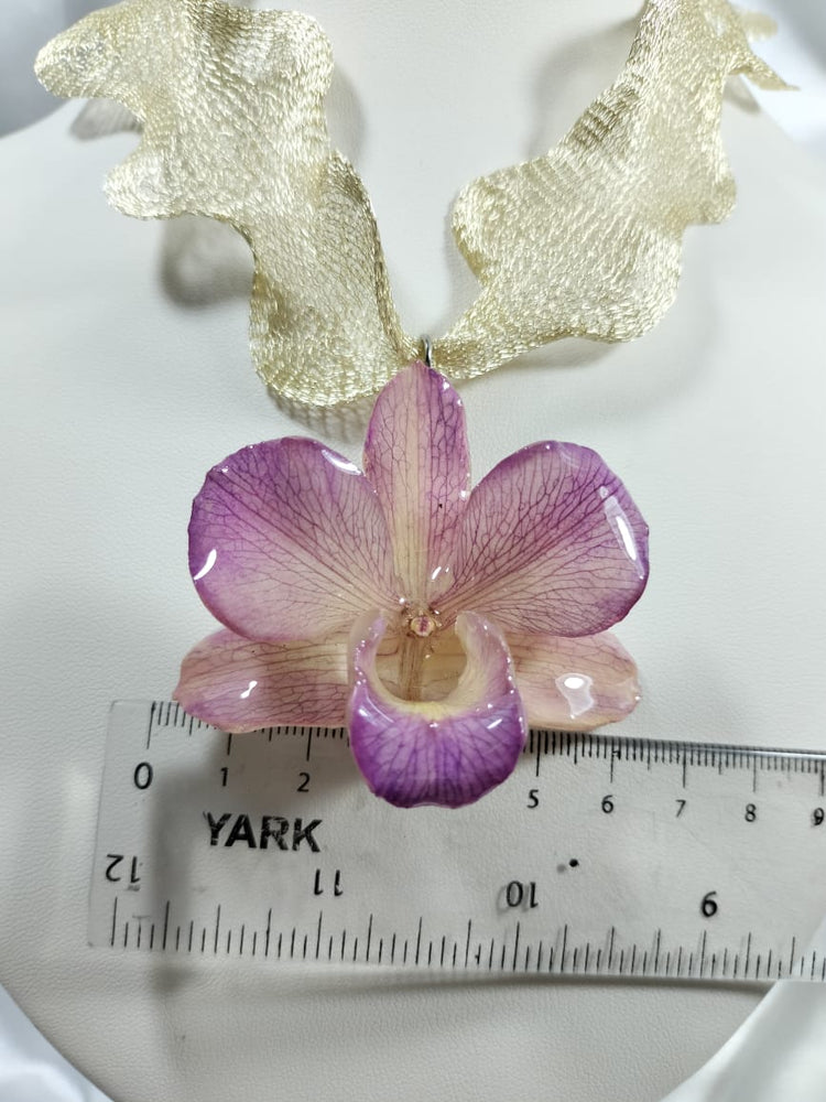 Dije de dendrobium rosa con cadena de malla de titanio