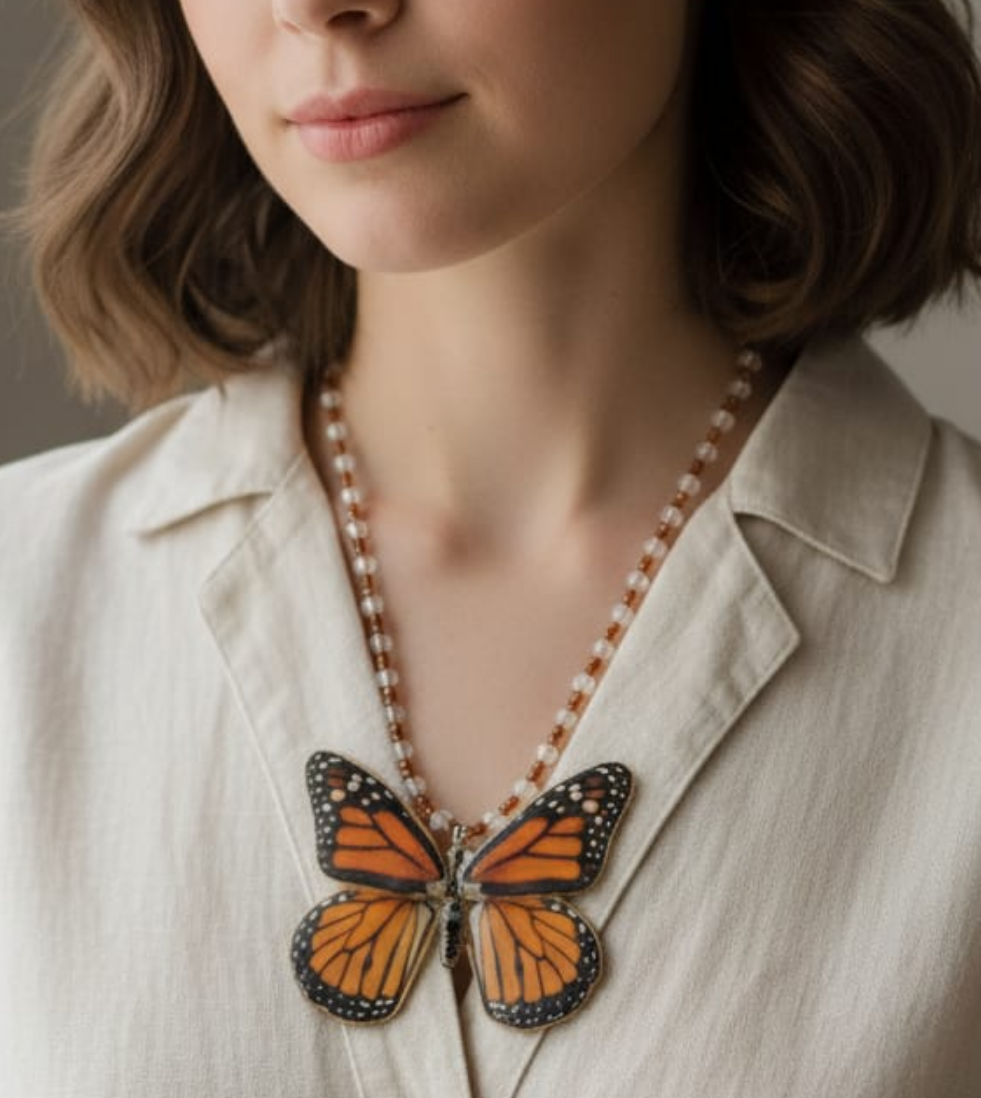 Juego de Mariposa Monarca con Collar de Cristal