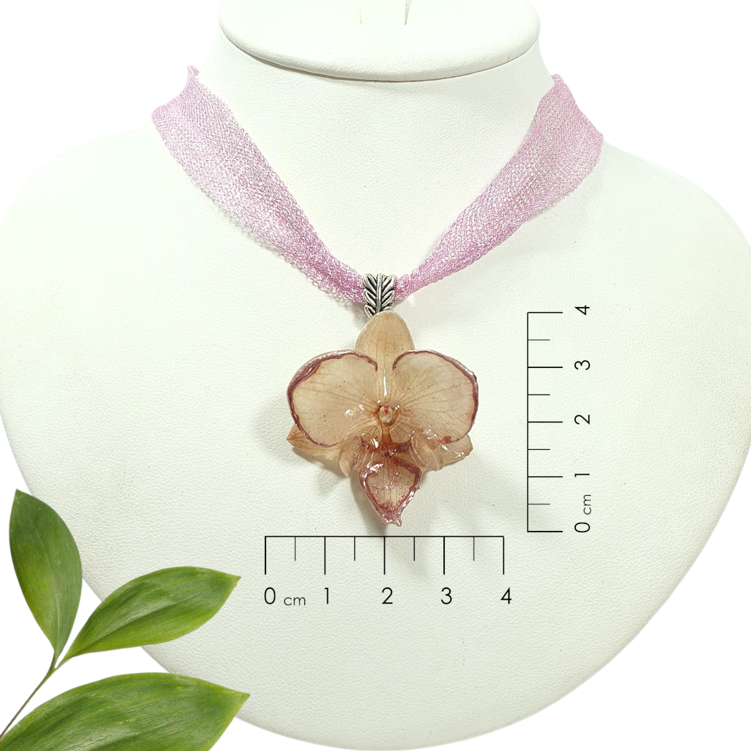 Phalaenopsis blanca con borde en oro rosado y collar de malla titanio