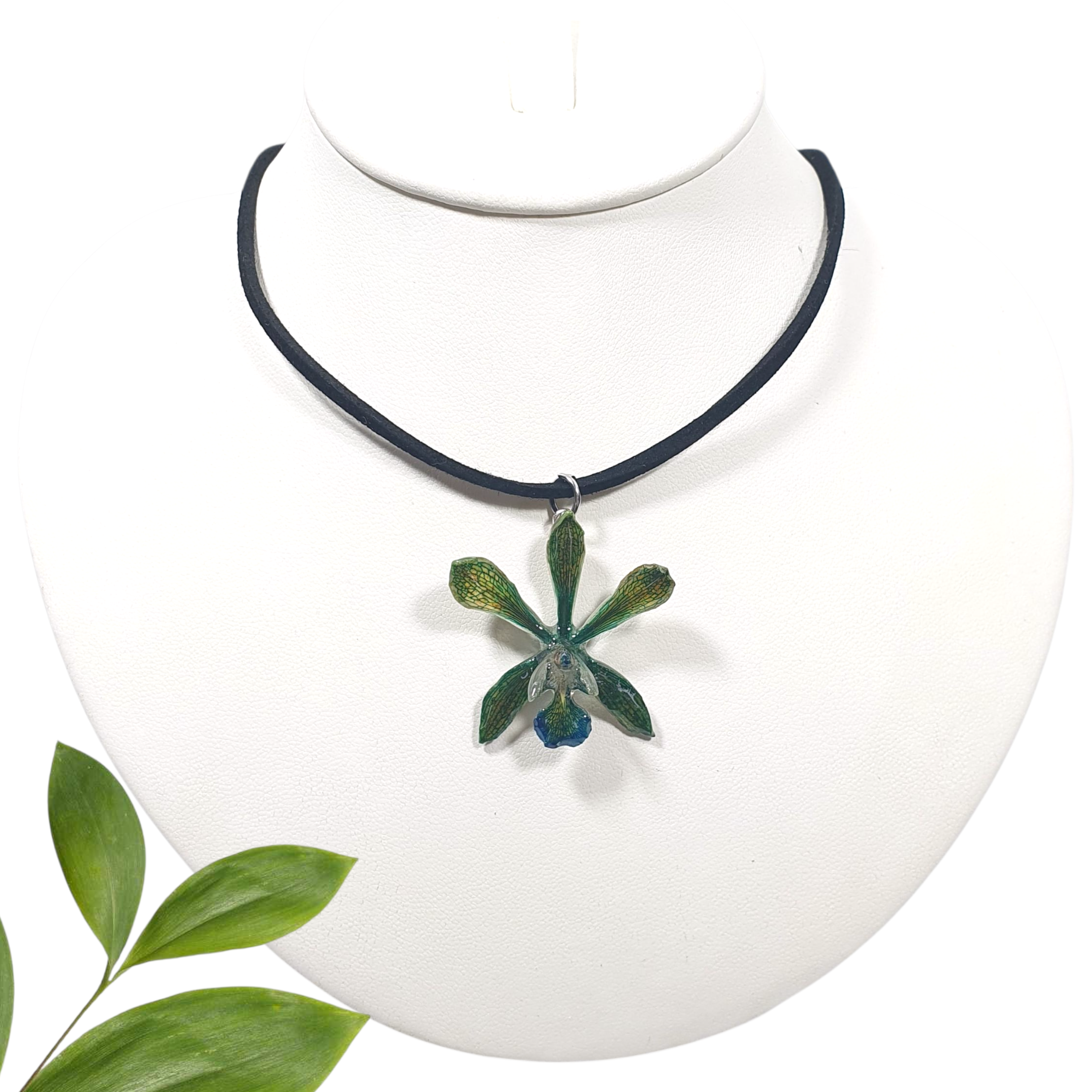 Encyclia verde en  collar de gamuza