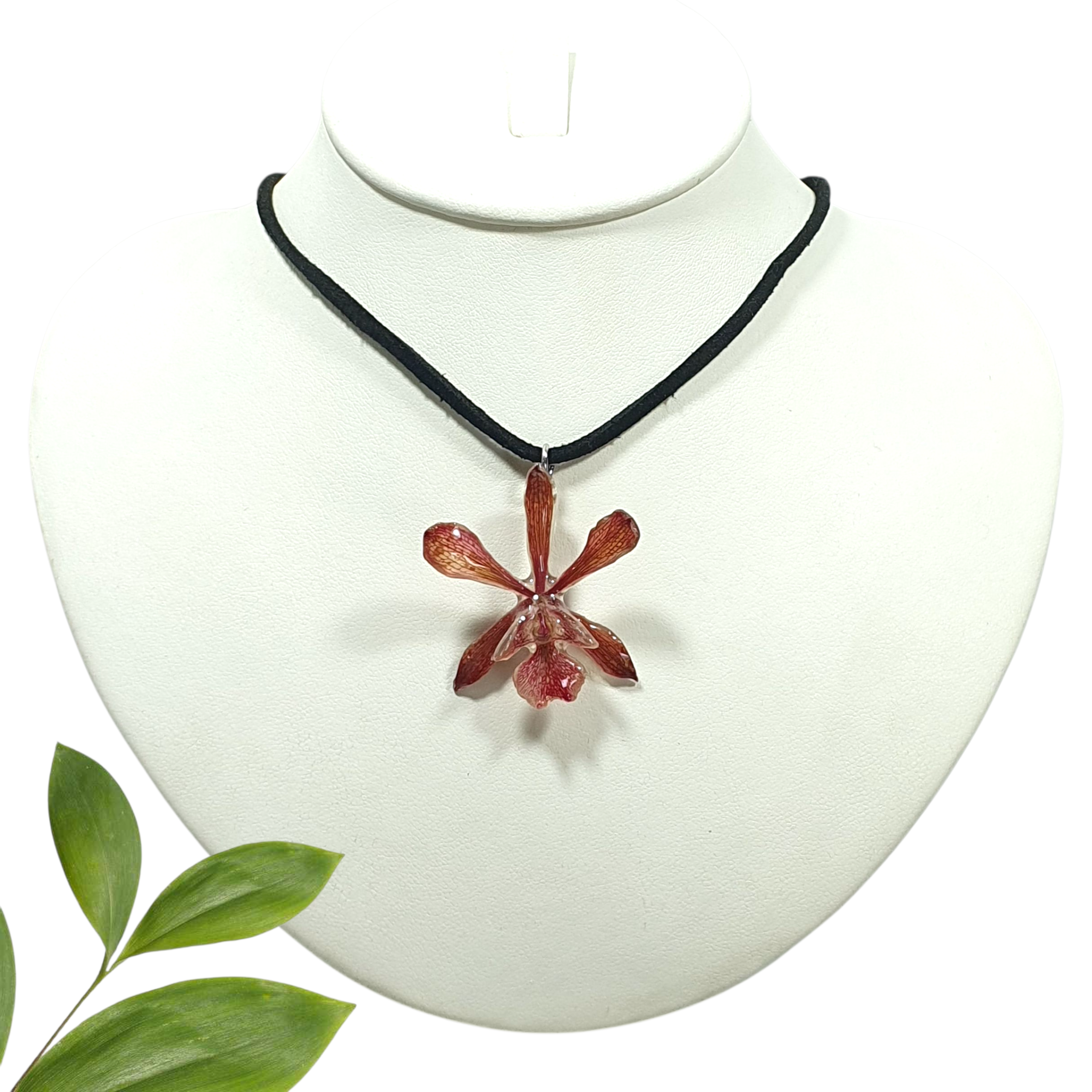 Orquidea Encyclia roja en collar de gamuza