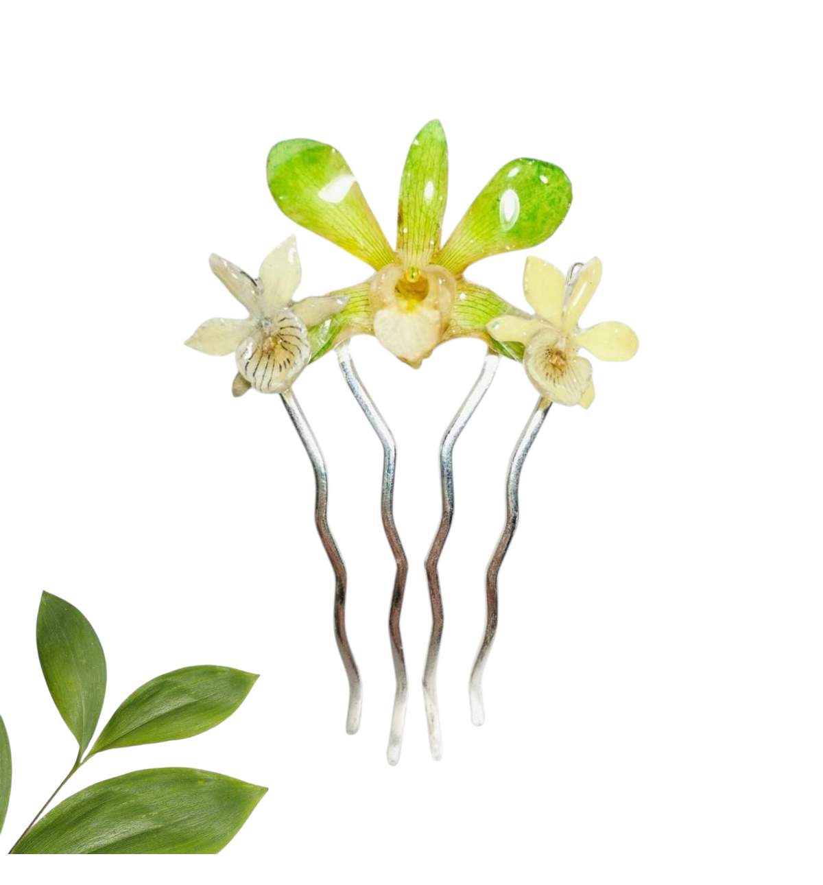 Peineta de Orquídeas Verde y Blancas